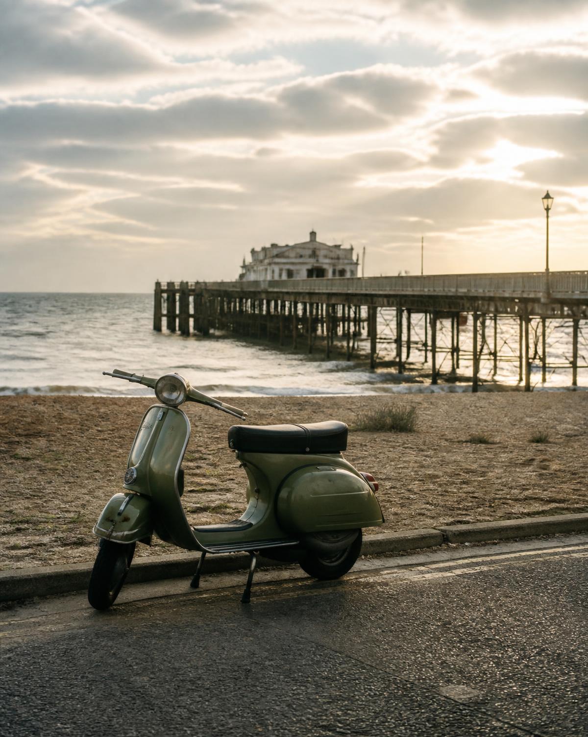A green vintage Vespa beside a weathered seaside pier